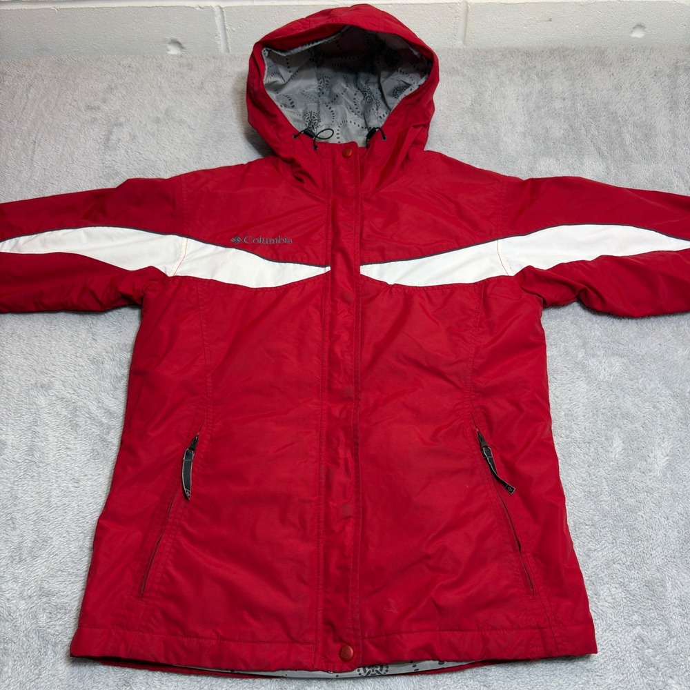 Columbia Winter Jacket Womens Medium Red White Hooded Fleece Lined Ski Coat